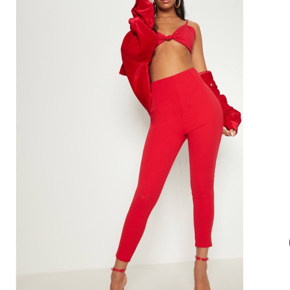 Red high waisted pleated front detail trouser